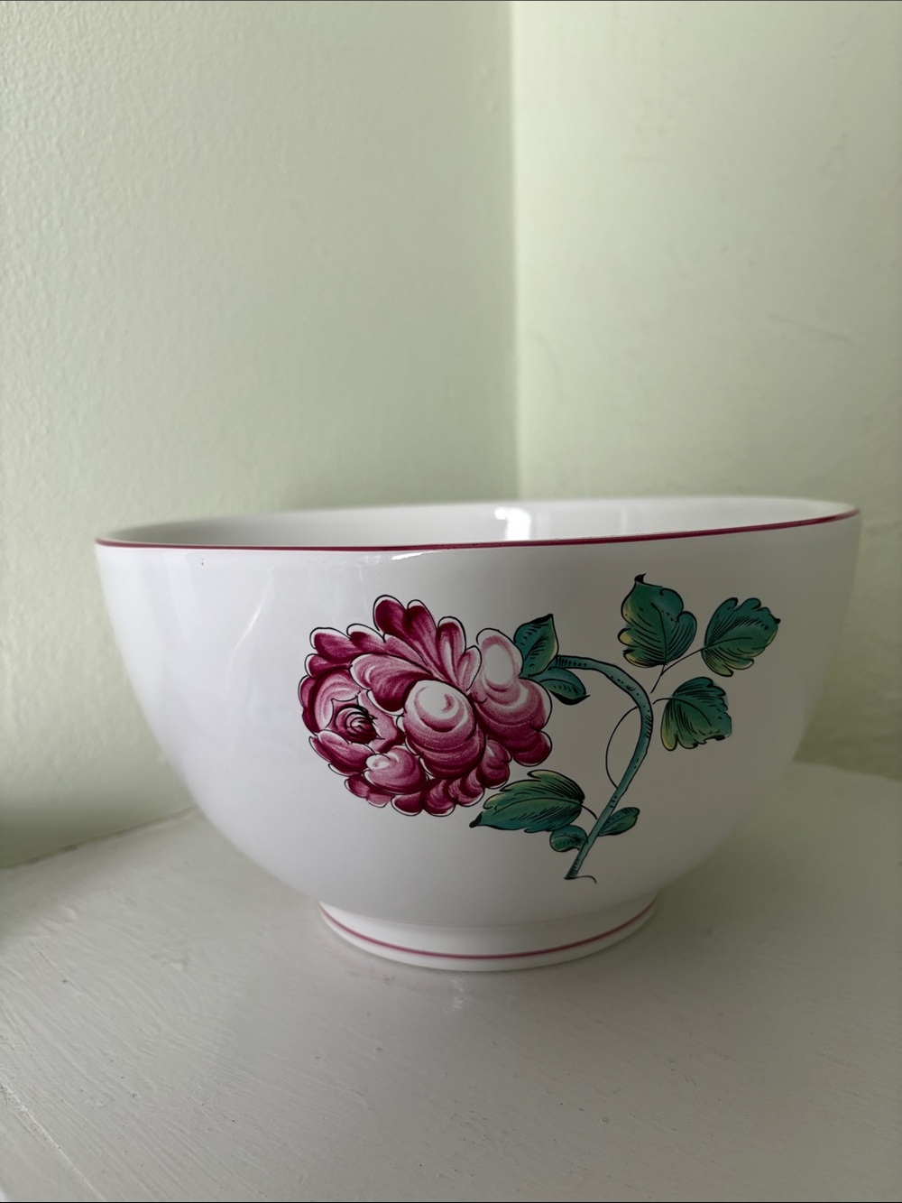 Tiffany & Co. White Ceramic Bowl with Pink Floral Motif and Green Leaves